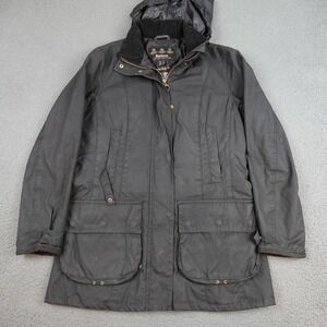 Barbour Waxed Cotton Rain Coat Womens 8 Black Hooded Tartan Lined England